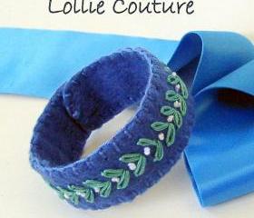 Felt Bracelet Cuff Hand Embroidered Blue Wool Felt Black wool felt with Hand Embroidery